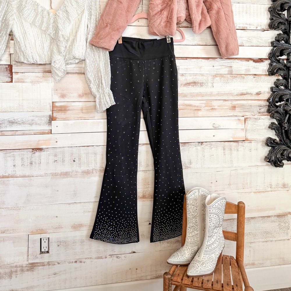 Elegant Black Rhinestone Flare Pants